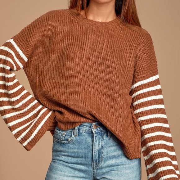 Lulu's Feeling Great Rust Brown Striped Bell Sleeve Sweater - Picture 1 of 4